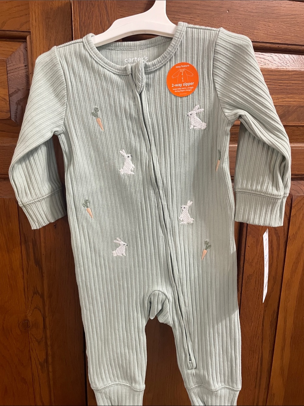 Carter's Light Sage Ribbed Bunny & Carrot One-Piece Footies w 2 way zipper NWT
